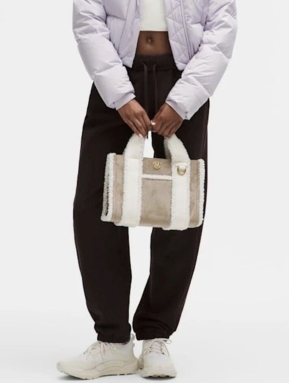 Lululemon Oak Tan Ivory & Gold Hardware Shearling Trim Boxy Tote Bag 4.5L $148 R - Picture 2 of 11